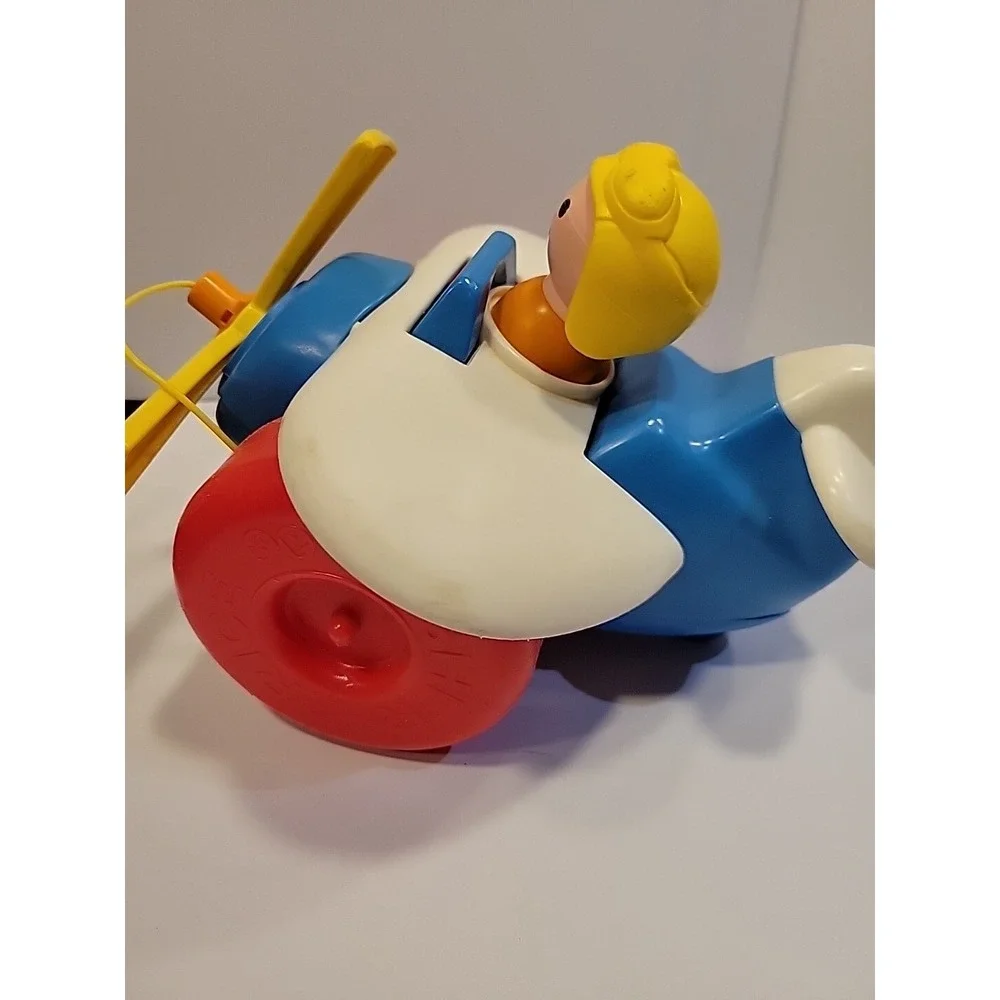 Vintage 1980s Fisher Price Plane Plastic Helicopter Airplane Pull Toy